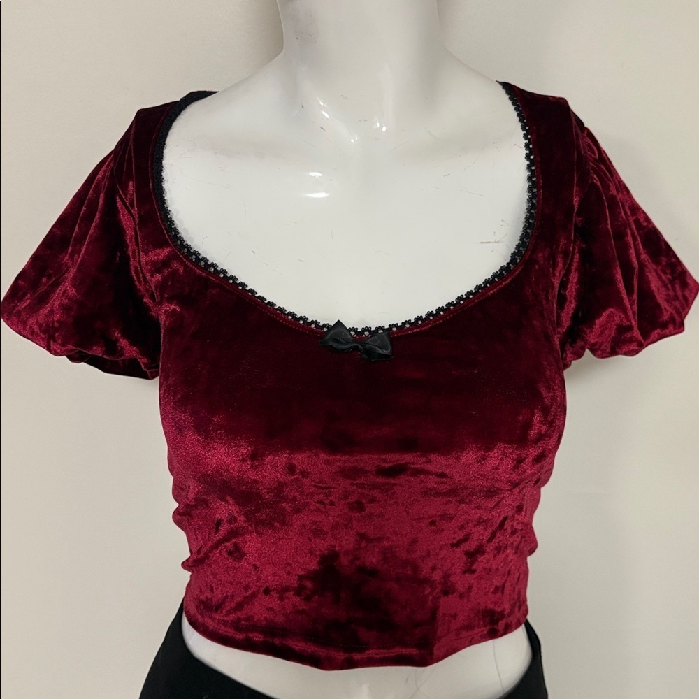 Dolls Kill Brand Widow Red Velvet Short Puff Sleeve Top w Lace-up Back